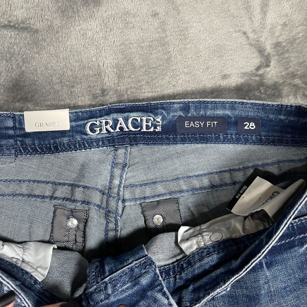 NEW Grace In LA Jeans Womens 28 X 32 Blue Medium Wash Floral Embroidered Flare - Picture 2 of 9